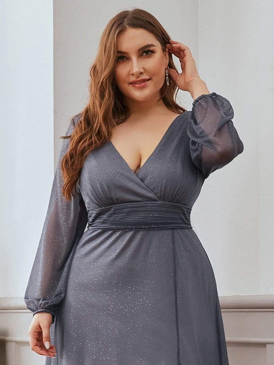 Color=Grey | Women'S Sexy V-Neck Long Sleeve Evening Dress-Grey 15