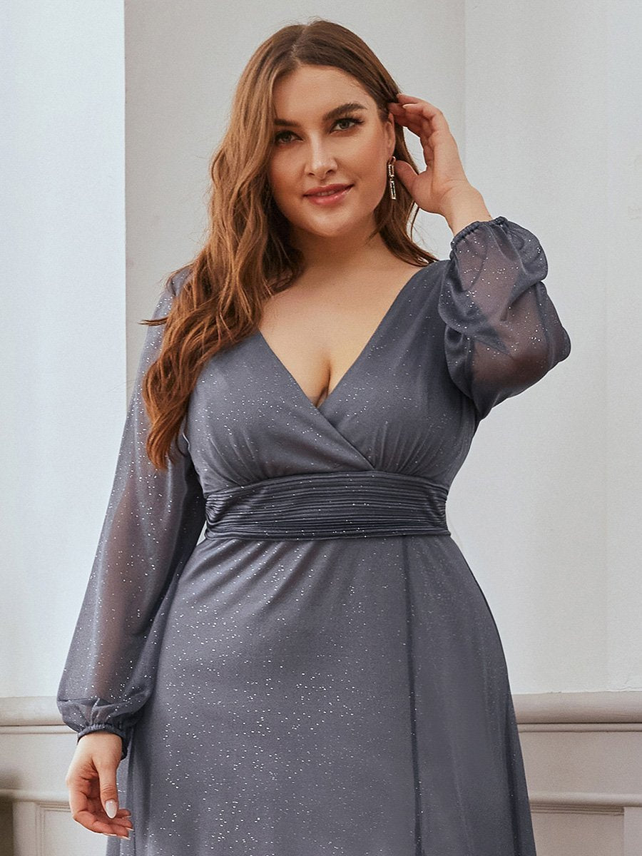Color=Grey | Women'S Sexy V-Neck Long Sleeve Evening Dress-Grey 5