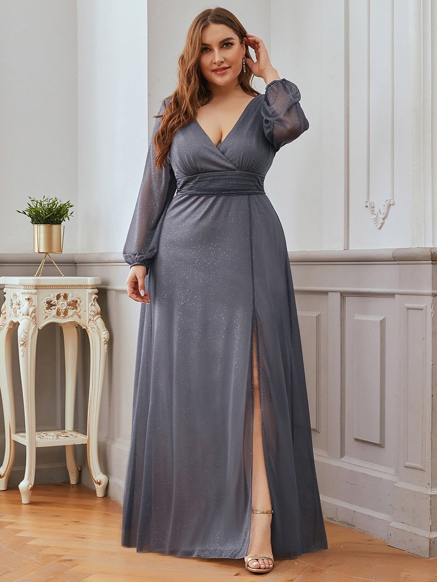Color=Grey | Women'S Sexy V-Neck Long Sleeve Evening Dress-Grey 1
