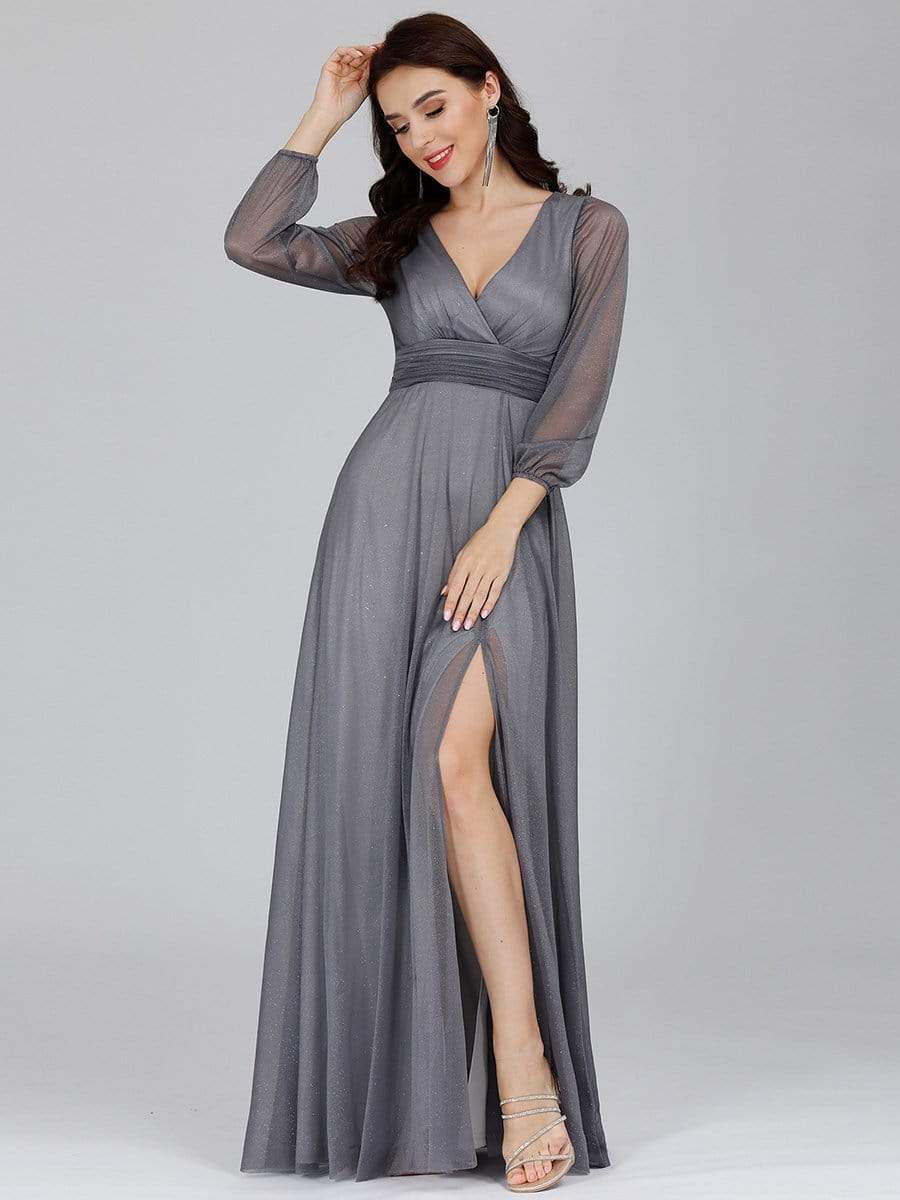 Color=Grey | Women'S Sexy V-Neck Long Sleeve Evening Dress-Grey 9