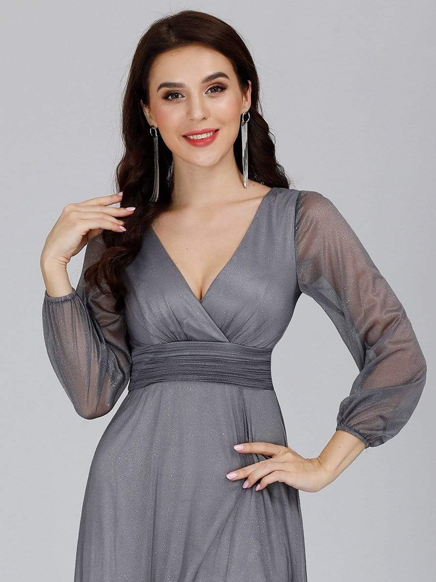 Color=Grey | Women'S Sexy V-Neck Long Sleeve Evening Dress-Grey 10