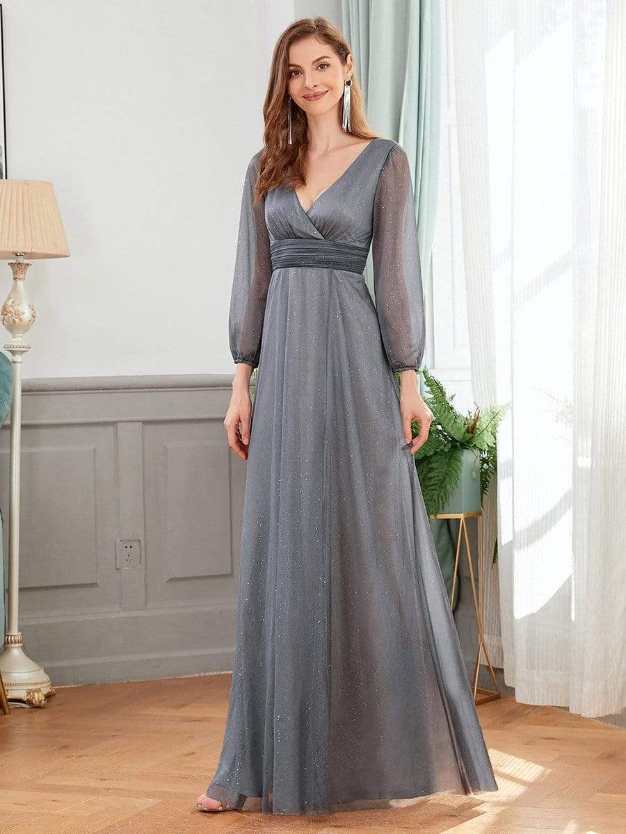 Color=Grey | Women'S Sexy V-Neck Long Sleeve Evening Dress-Grey 3
