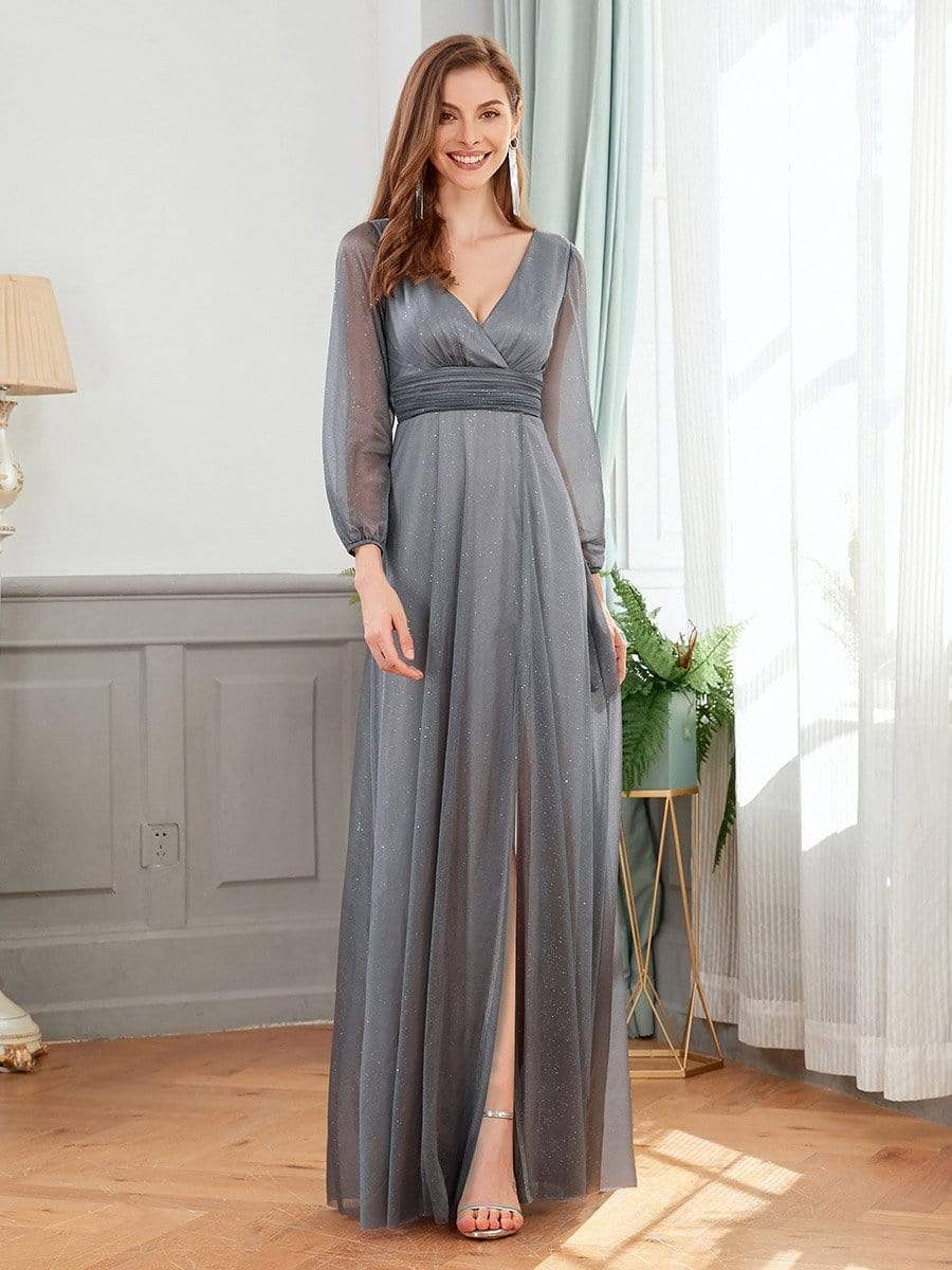 Color=Grey | Women'S Sexy V-Neck Long Sleeve Evening Dress-Grey 4