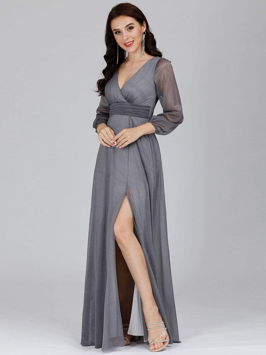 Color=Grey | Women'S Sexy V-Neck Long Sleeve Evening Dress-Grey 8