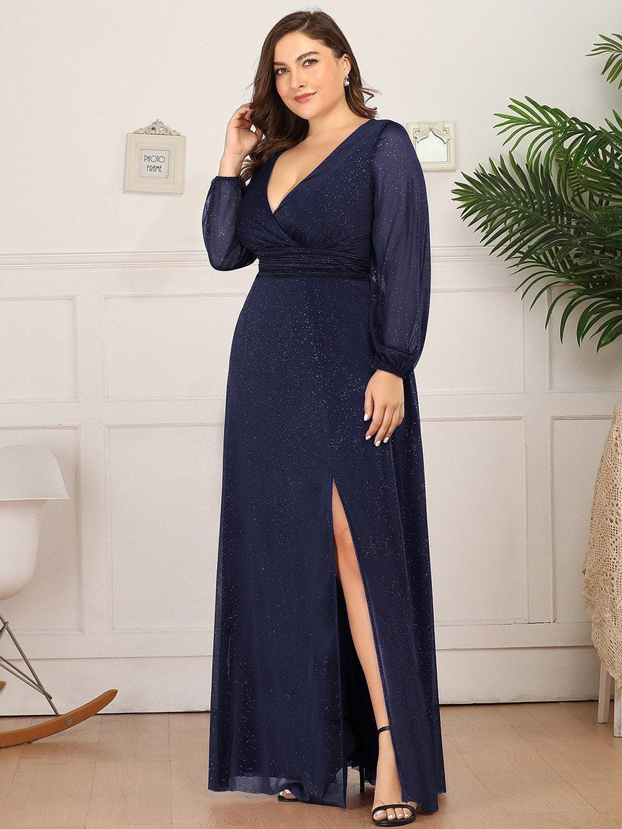 Color=Navy Blue | Plus Size Women'S Sexy V-Neck Long Sleeve Evening Dress-Navy Blue 3