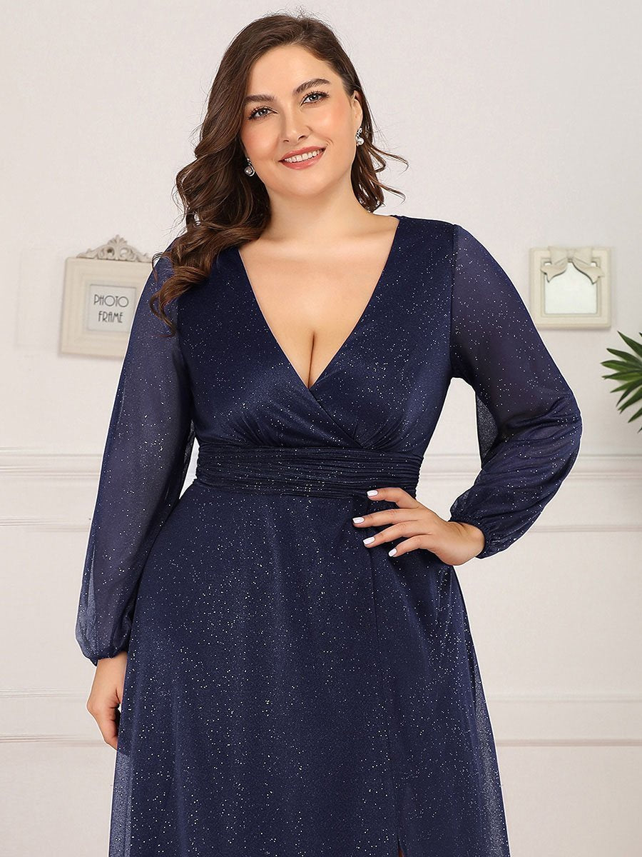 Color=Navy Blue | Plus Size Women'S Sexy V-Neck Long Sleeve Evening Dress-Navy Blue 5