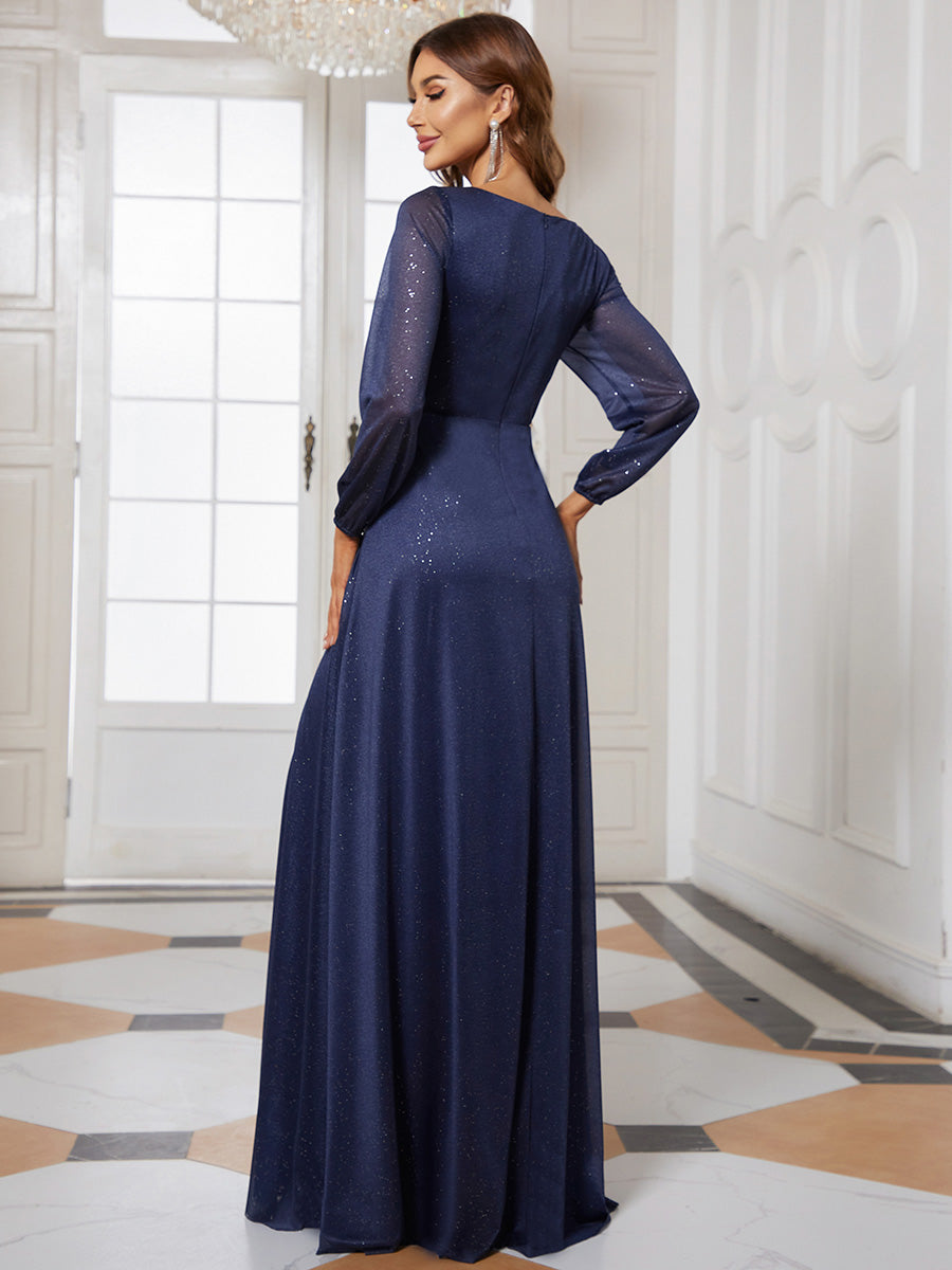 Color=Navy Blue | Women'S Sexy V-Neck Long Sleeve Evening Dress-Navy Blue 2