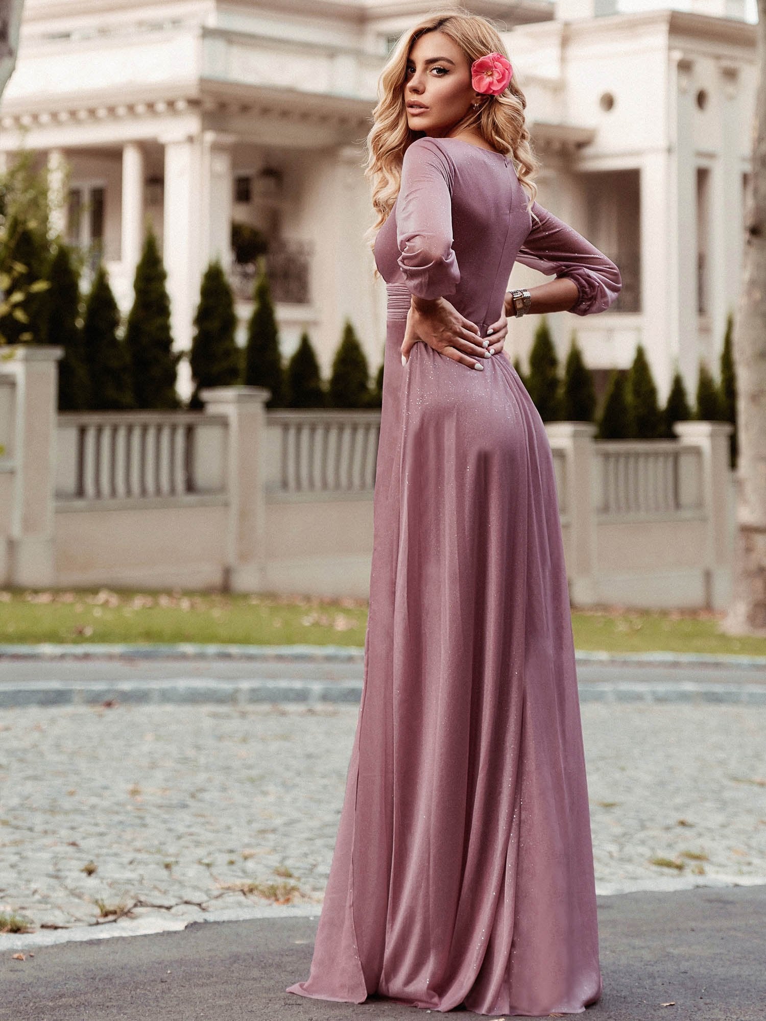 Color=Orchid | Women'S Sexy V-Neck Long Sleeve Evening Dress-Orchid 2