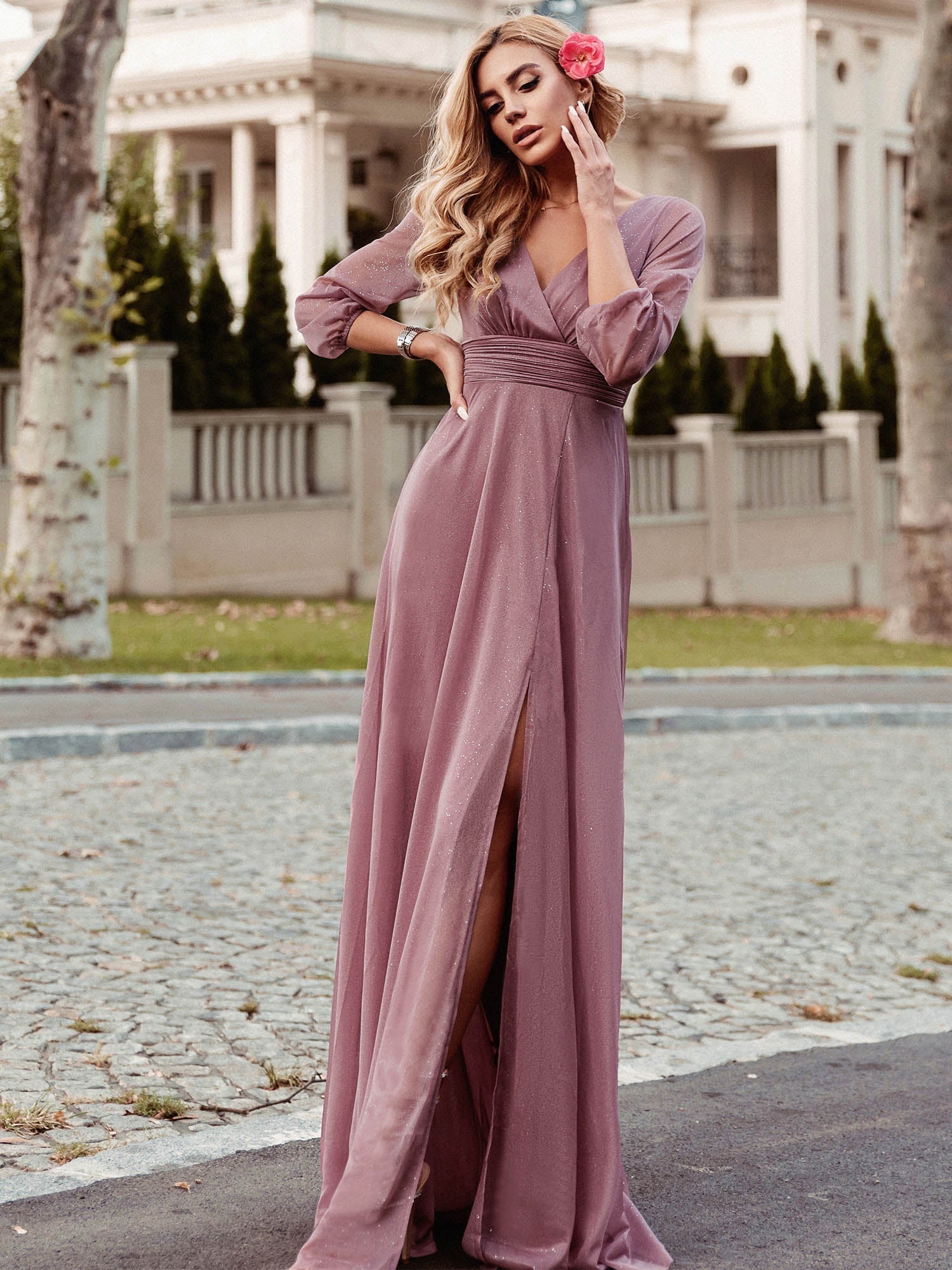 Color=Orchid | Women'S Sexy V-Neck Long Sleeve Evening Dress-Orchid 1