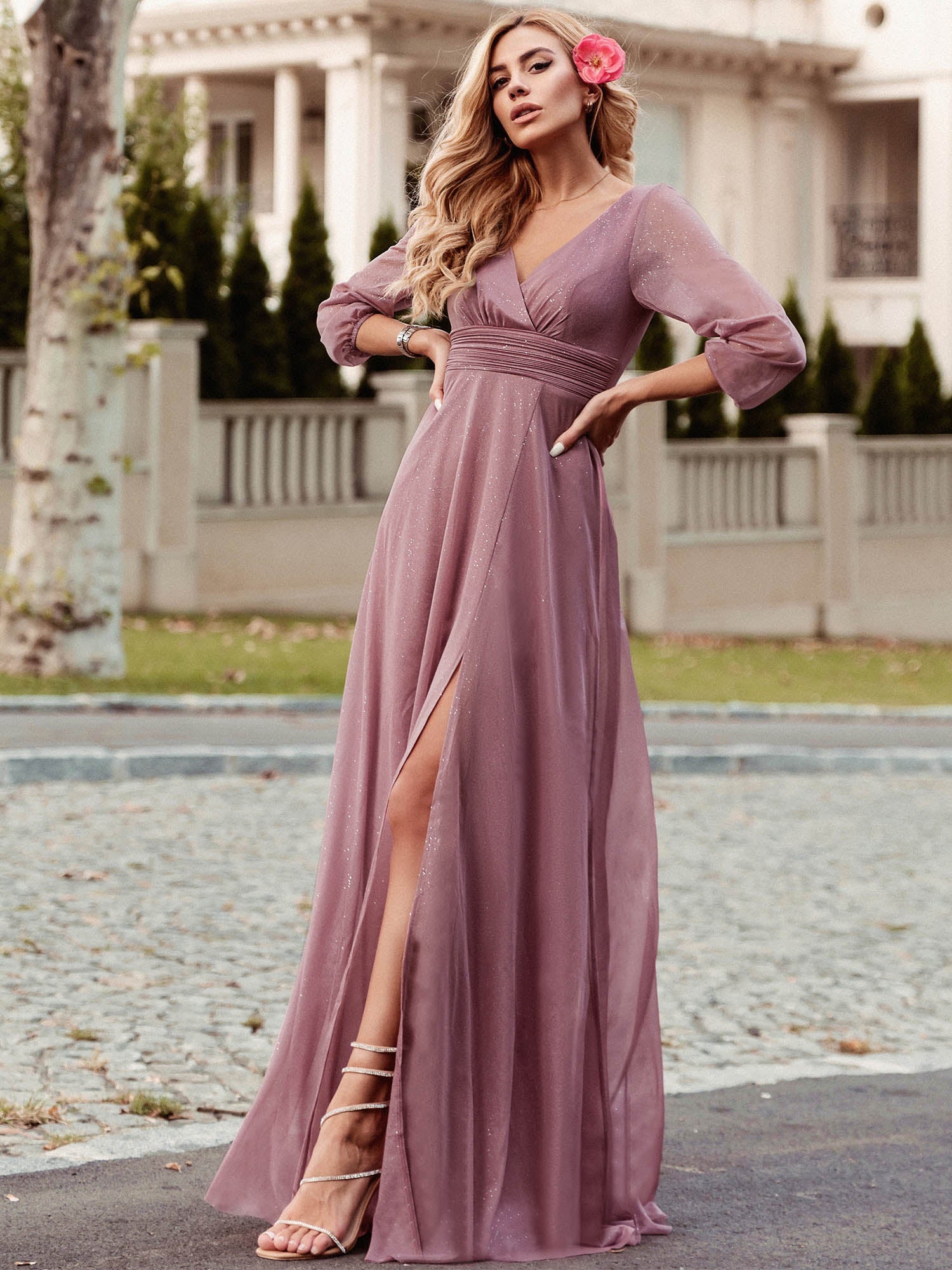 Color=Orchid | Women'S Sexy V-Neck Long Sleeve Evening Dress-Orchid 3