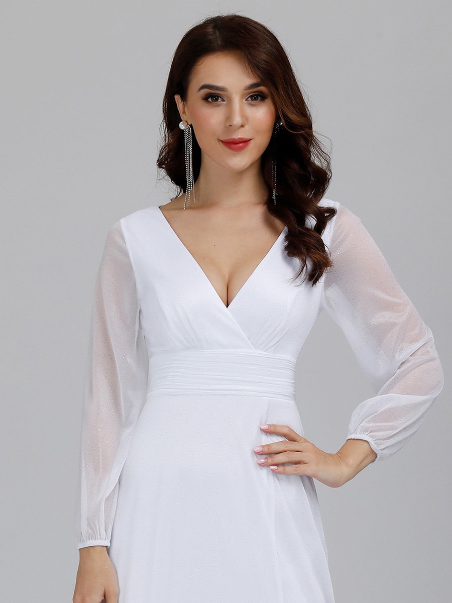 Color=White | Women'S Sexy V-Neck Long Sleeve Evening Dress-White 5