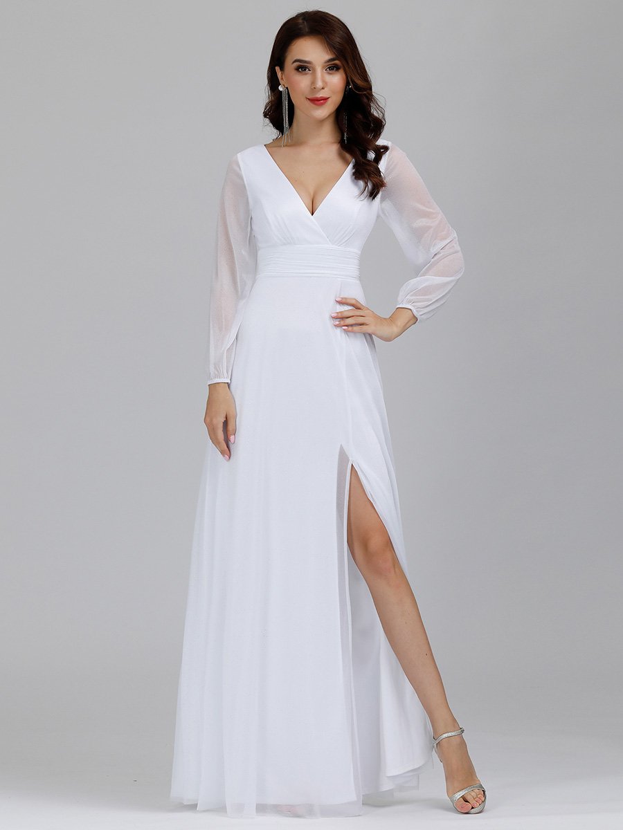 Color=White | Women'S Sexy V-Neck Long Sleeve Evening Dress-White 1