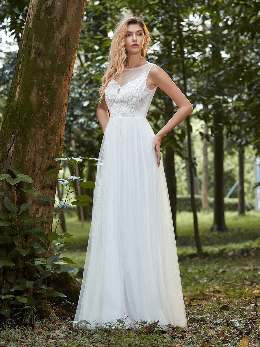 Color=Cream | Elegant Round Neck Tulle Applique Bridesmaid Dress-Cream 4