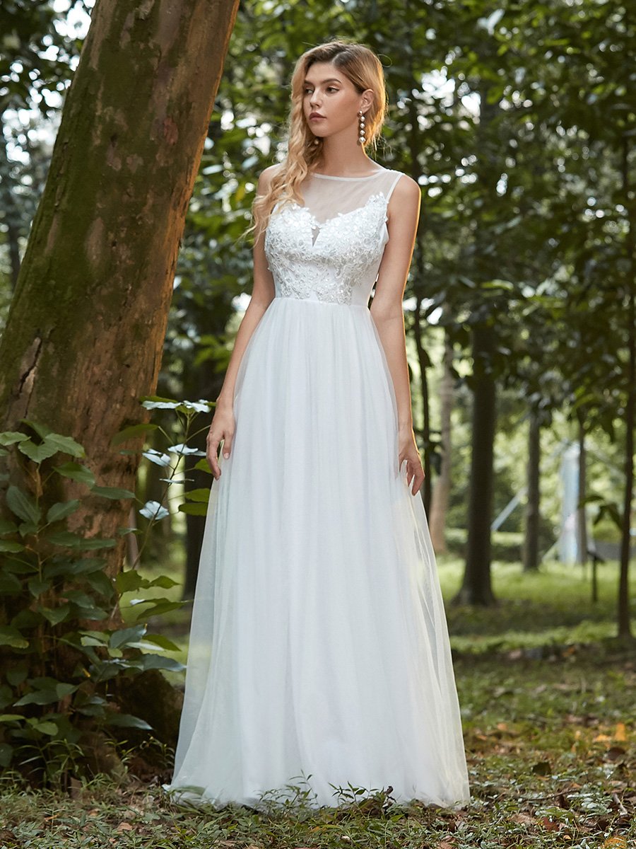 Color=Cream | Elegant Round Neck Tulle Applique Bridesmaid Dress-Cream 2