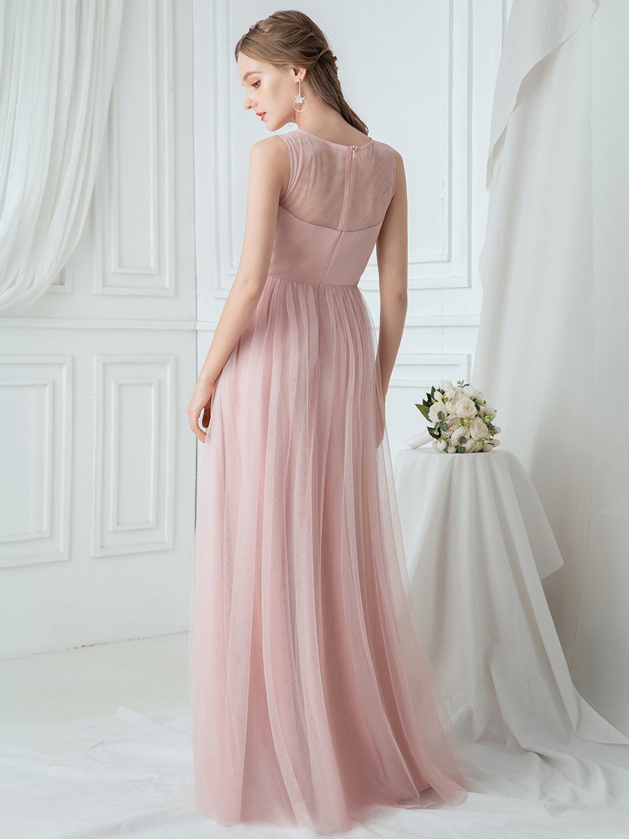 Color=Pink | Elegant Round Neck Tulle Applique Bridesmaid Dress Ep00748-Pink 2