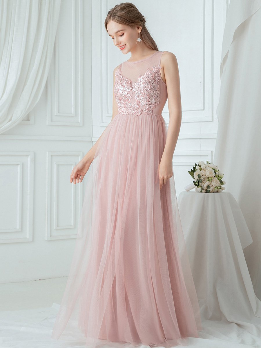 Color=Pink | Elegant Round Neck Tulle Applique Bridesmaid Dress Ep00748-Pink 3