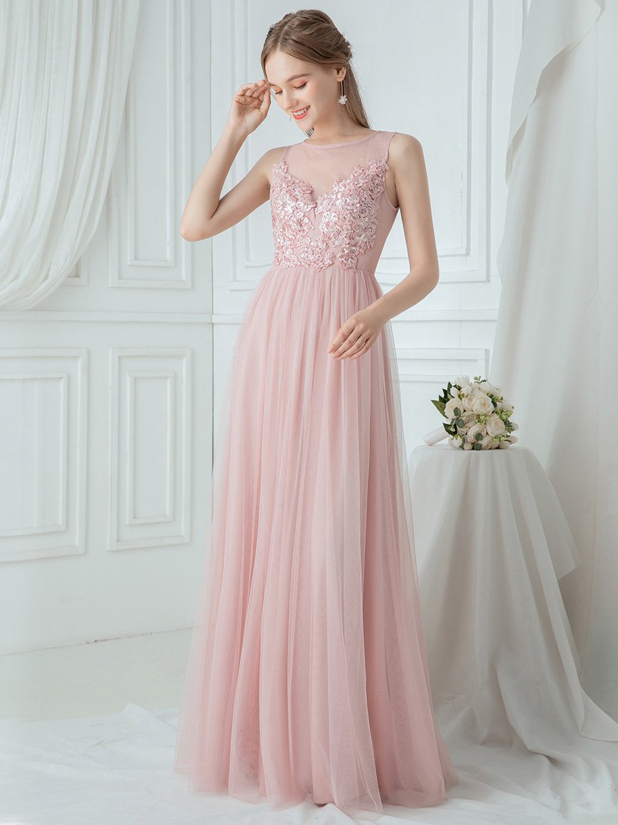 Color=Pink | Elegant Round Neck Tulle Applique Bridesmaid Dress Ep00748-Pink 4