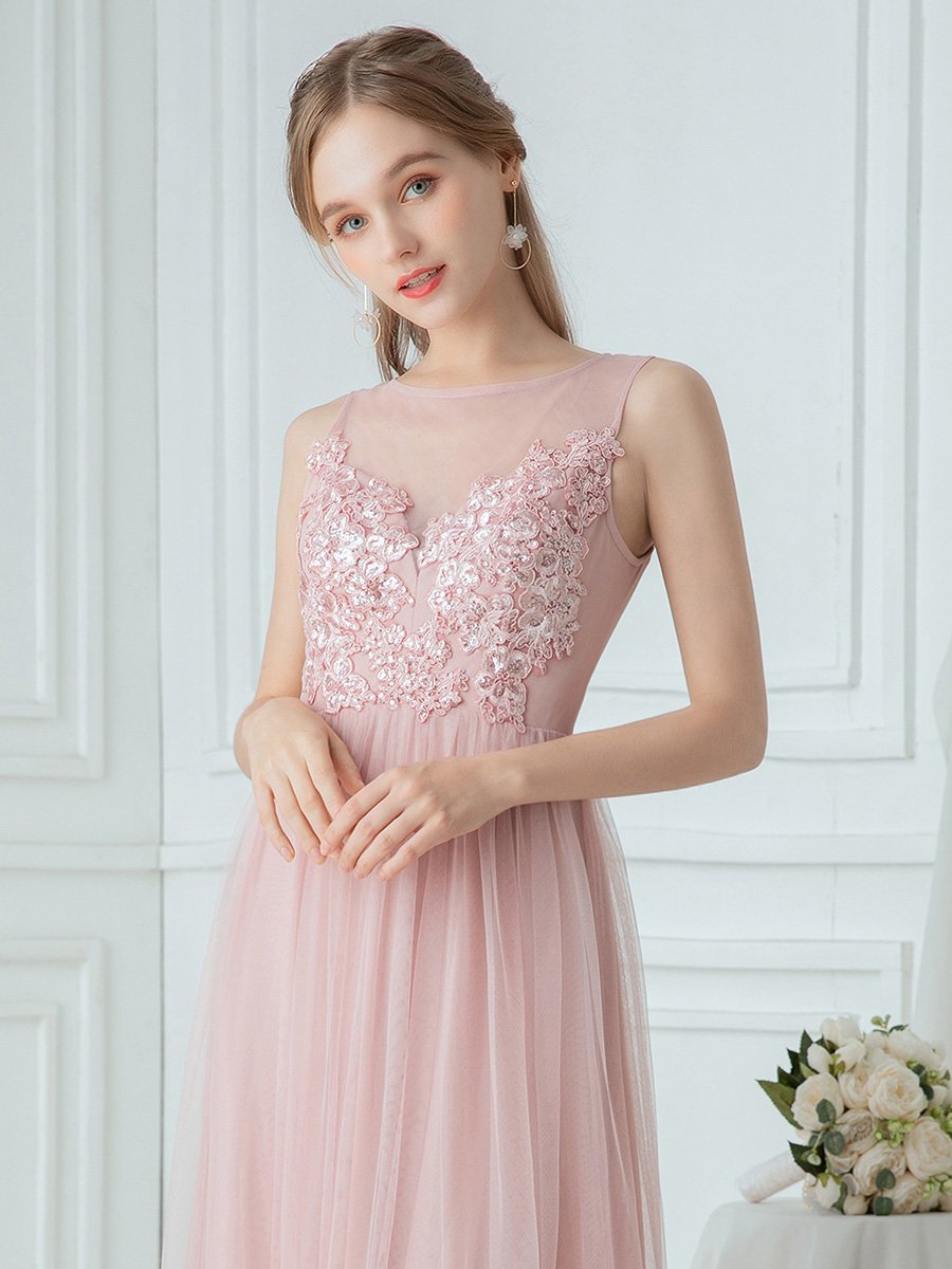 Color=Pink | Elegant Round Neck Tulle Applique Bridesmaid Dress Ep00748-Pink 5