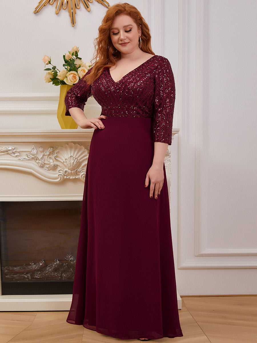 Color=Burgundy | Sexy V Neck A-Line Pretty Sequin Evening Dress-Burgundy 3