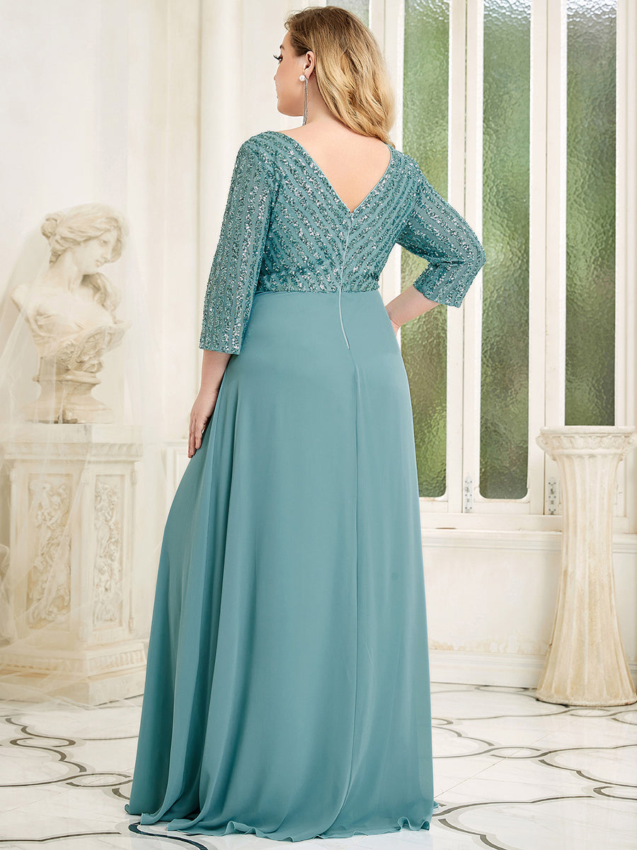 Color=Dusty blue | Sexy V Neck A-Line Pretty Sequin Evening Dress-Dusty blue 2