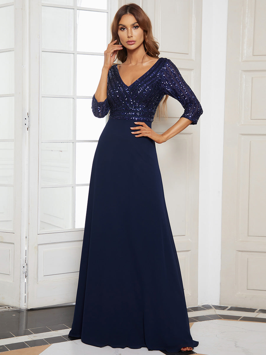 Custom Size Sexy V Neck A-Line Sequin Wholesale Evening Dresses With 3/4 Sleeve