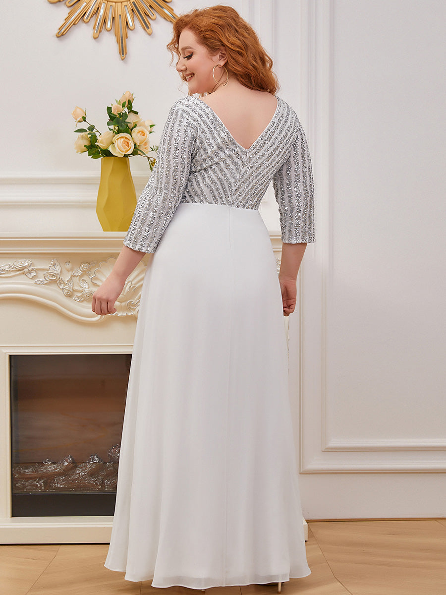Color=White | Sexy V Neck A-Line Pretty Sequin Evening Dress-White 2