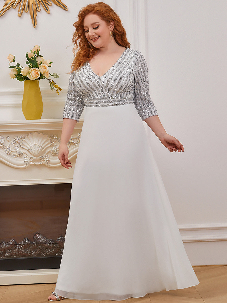 Color=White | Sexy V Neck A-Line Pretty Sequin Evening Dress-White 4
