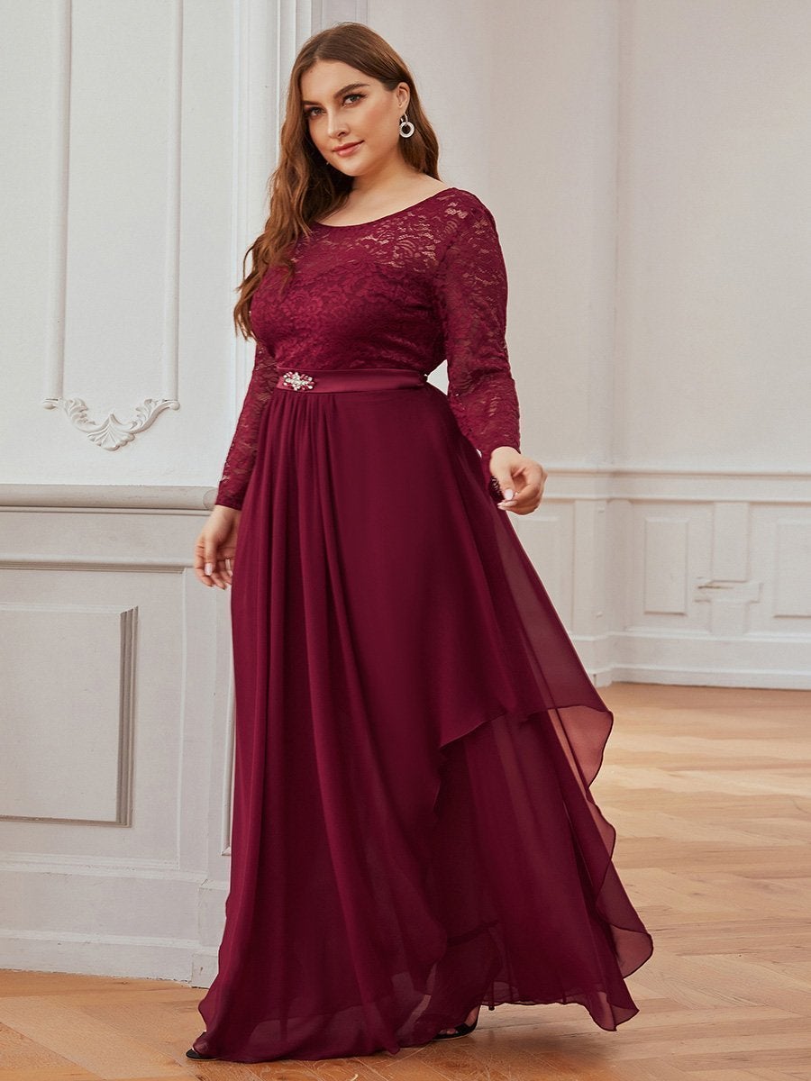 Color=Burgundy | Classic Floal Lace Long Sleeve Wholesale Bridesmaid Dress-Burgundy 7