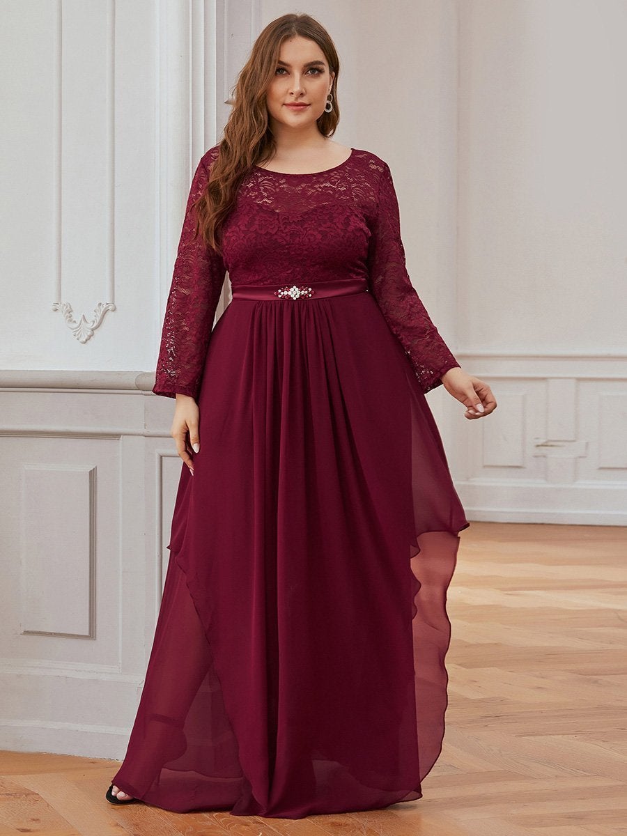Color=Burgundy | Classic Floal Lace Long Sleeve Wholesale Bridesmaid Dress-Burgundy 8