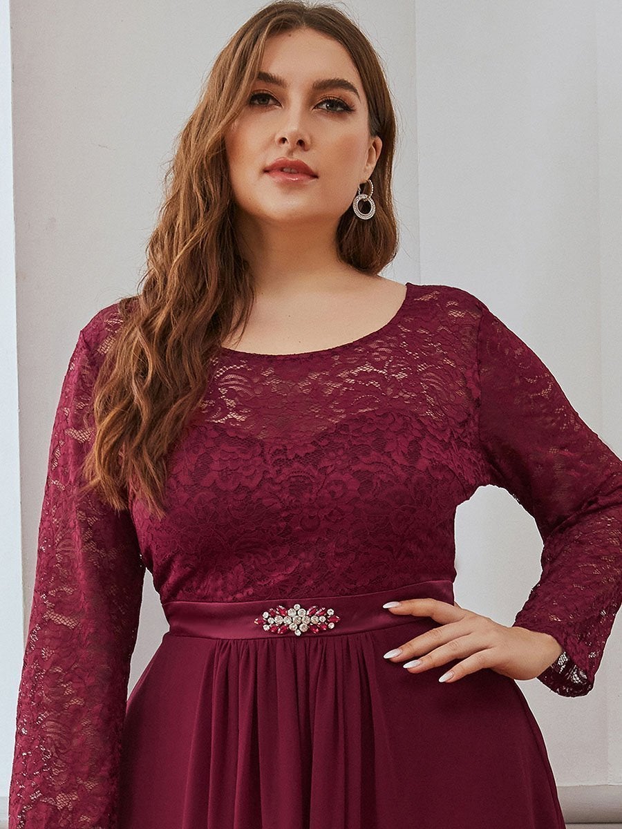 Color=Burgundy | Classic Floal Lace Long Sleeve Wholesale Bridesmaid Dress-Burgundy 9