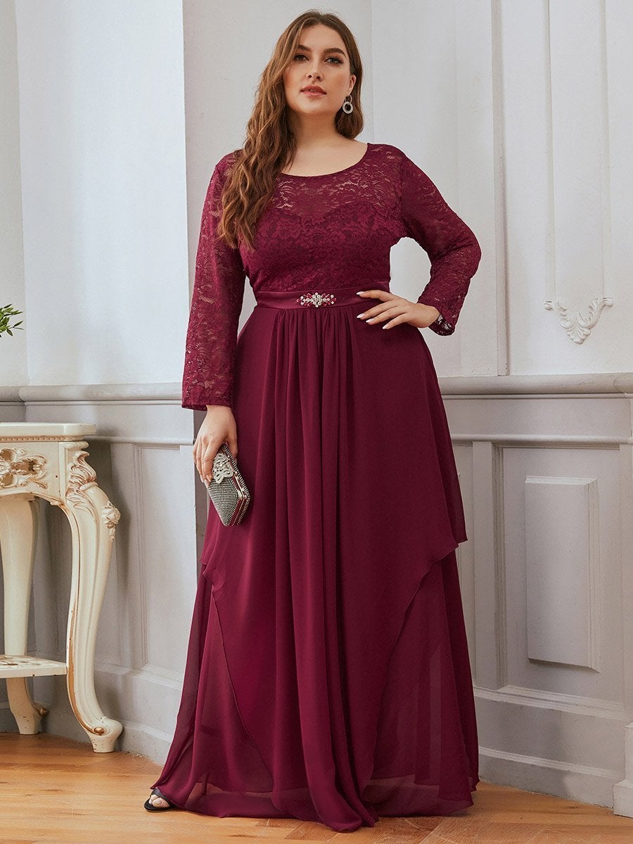 Color=Burgundy | Classic Floal Lace Long Sleeve Wholesale Bridesmaid Dress-Burgundy 5