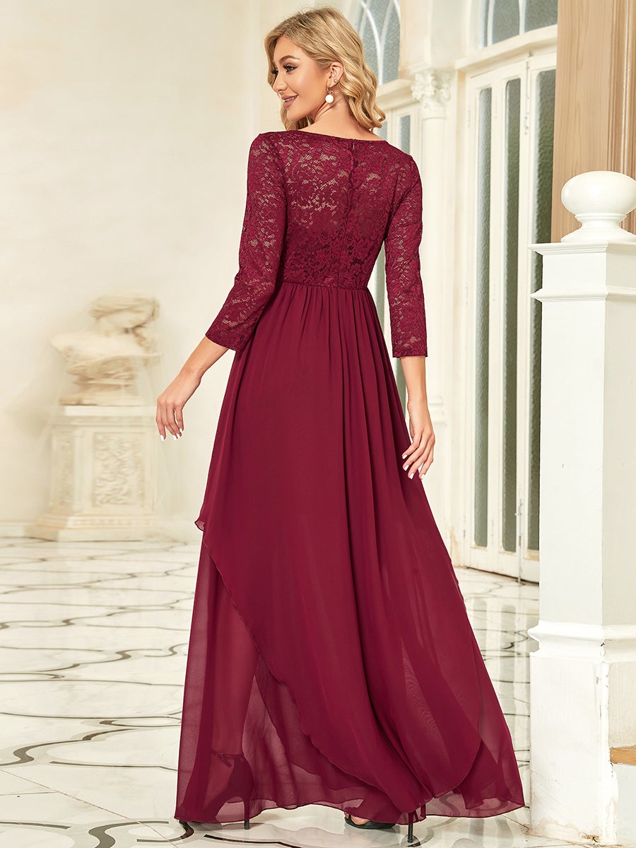 Color=Burgundy | Classic Floal Lace Long Sleeve Wholesale Bridesmaid Dress-Burgundy 2