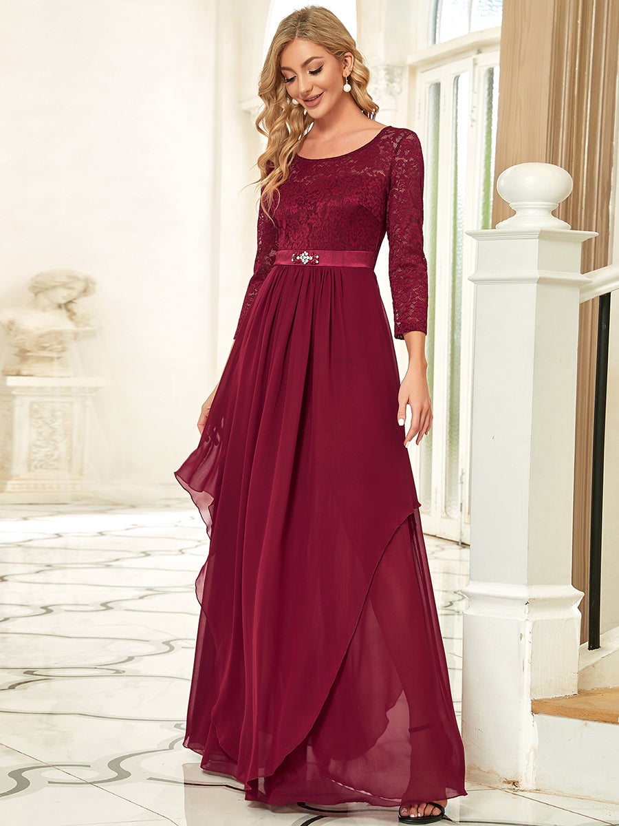 Color=Burgundy | Classic Floal Lace Long Sleeve Wholesale Bridesmaid Dress-Burgundy 3
