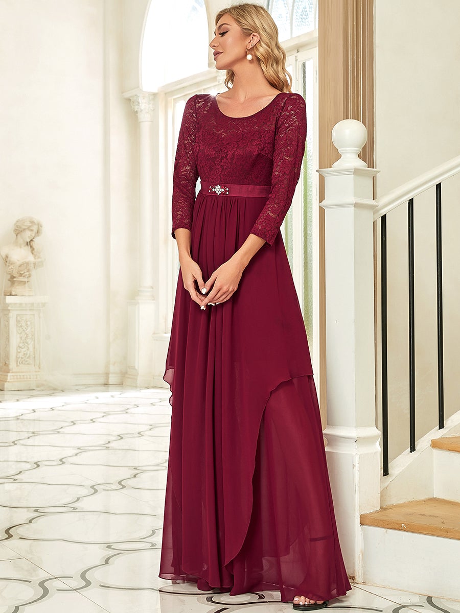 Color=Burgundy | Classic Floal Lace Long Sleeve Wholesale Bridesmaid Dress-Burgundy 4