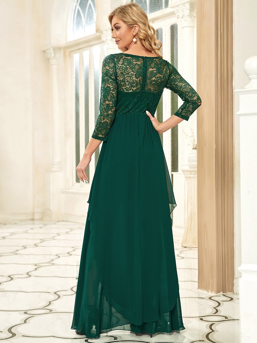 Color=Dark Green | Classic Floal Lace Long Sleeve Wholesale Bridesmaid Dress-Dark Green 2