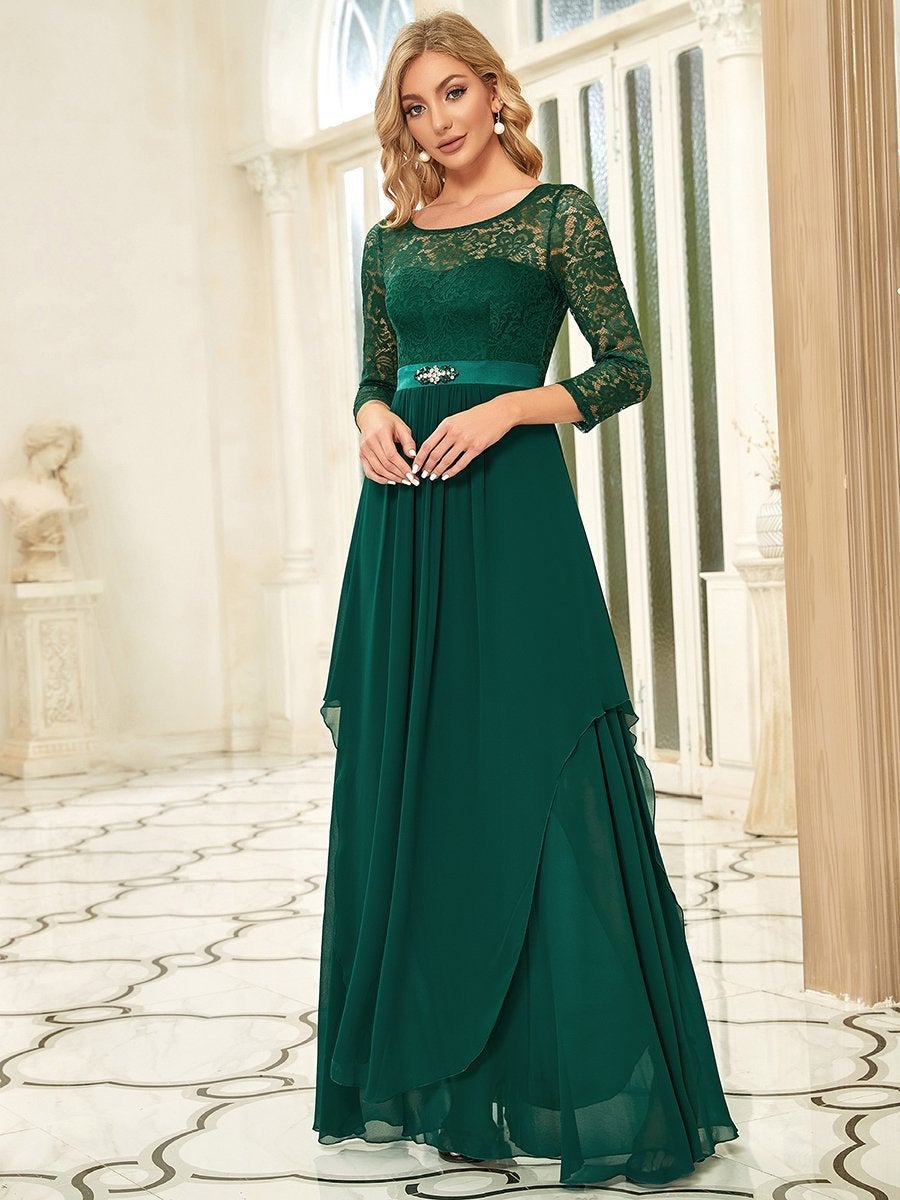 Color=Dark Green | Classic Floal Lace Long Sleeve Wholesale Bridesmaid Dress-Dark Green 3