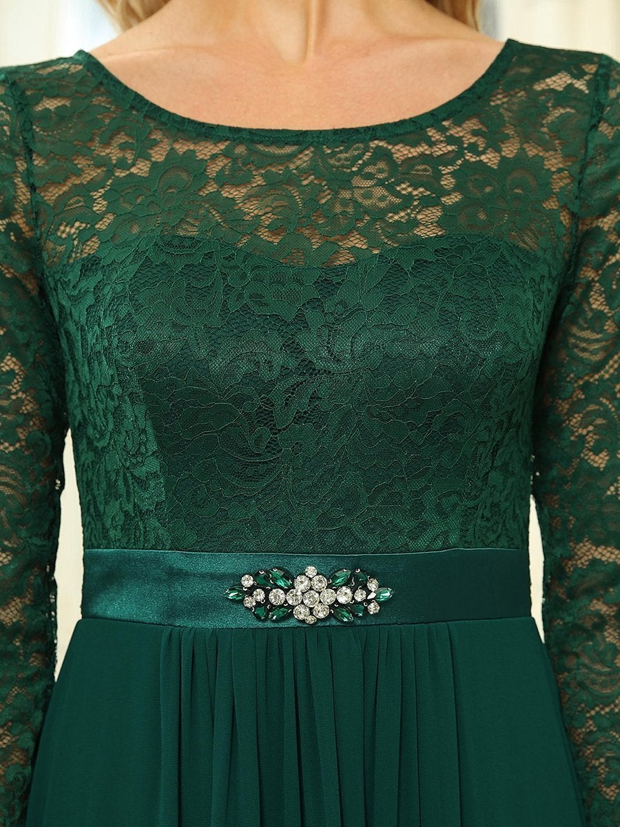Color=Dark Green | Classic Floal Lace Long Sleeve Wholesale Bridesmaid Dress-Dark Green 5