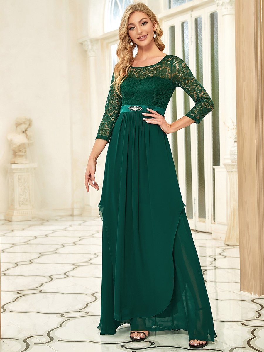 Color=Dark Green | Classic Floal Lace Long Sleeve Wholesale Bridesmaid Dress-Dark Green 1