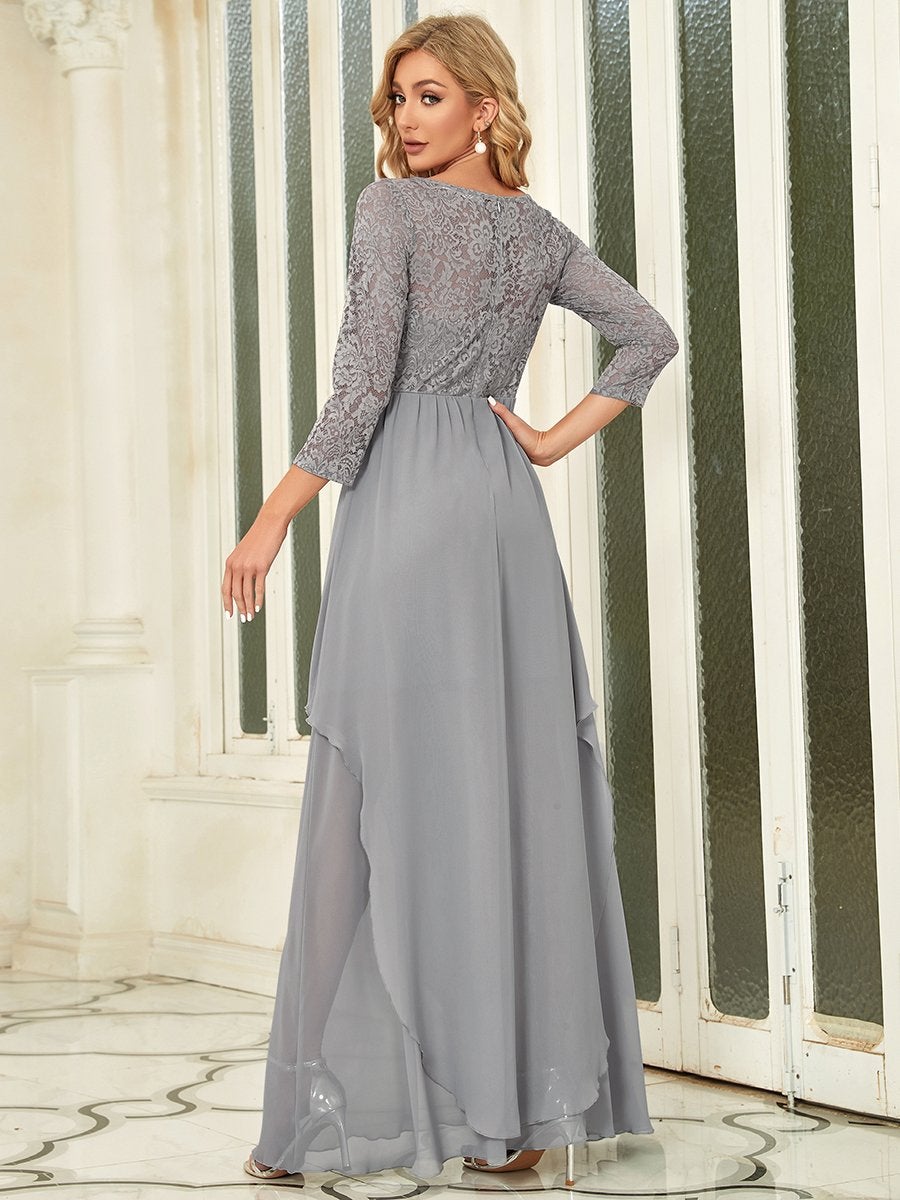 Color=Grey | Classic Floal Lace Long Sleeve Wholesale Bridesmaid Dress-Grey 2