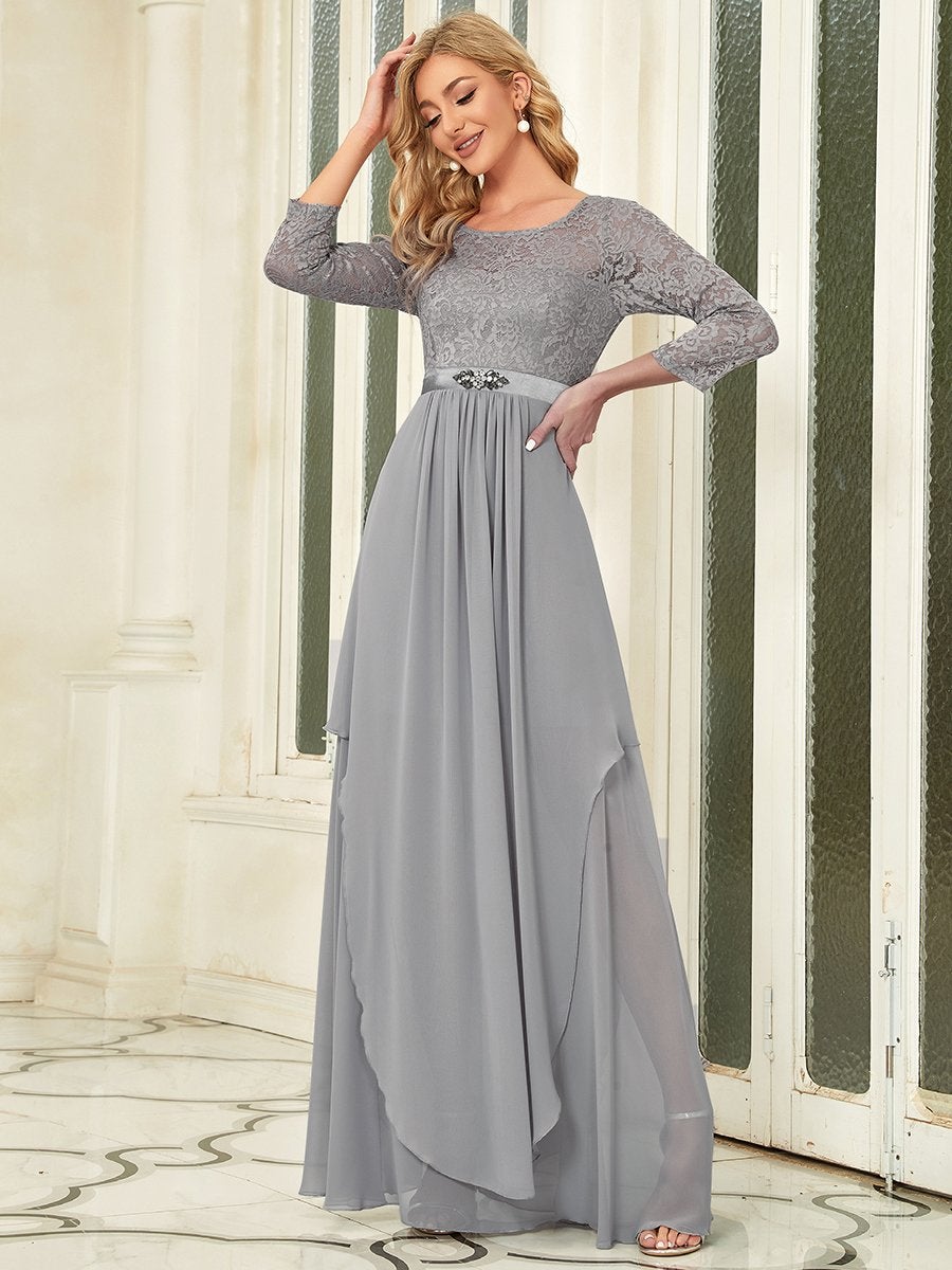 Color=Grey | Classic Floal Lace Long Sleeve Wholesale Bridesmaid Dress-Grey 3