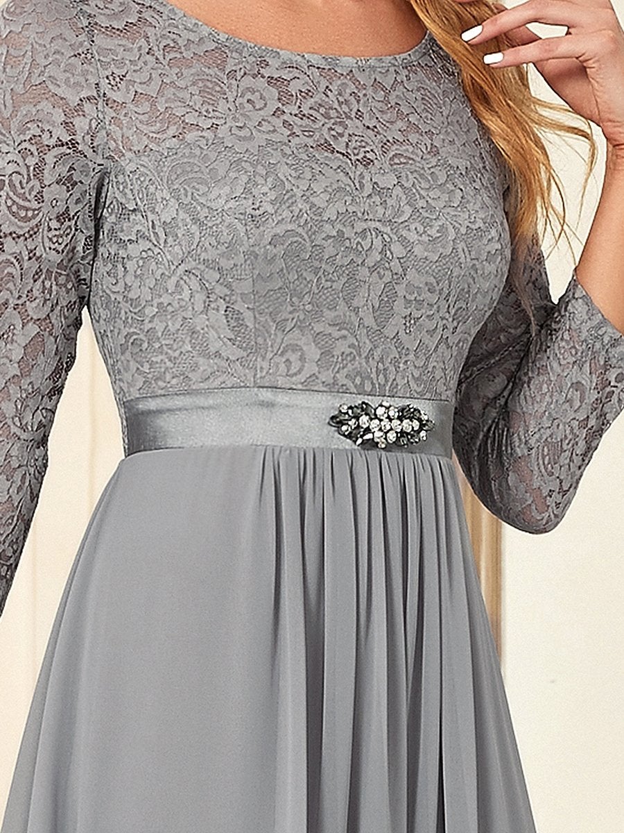 Color=Grey | Classic Floal Lace Long Sleeve Wholesale Bridesmaid Dress-Grey 5