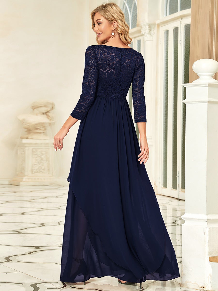 Color=Navy blue | Classic Floal Lace Long Sleeve Wholesale Bridesmaid Dress-Navy Blue 2