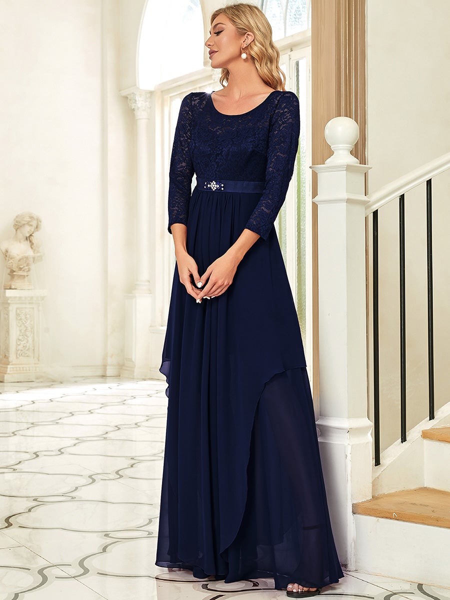 Color=Navy blue | Classic Floal Lace Long Sleeve Wholesale Bridesmaid Dress-Navy Blue 4