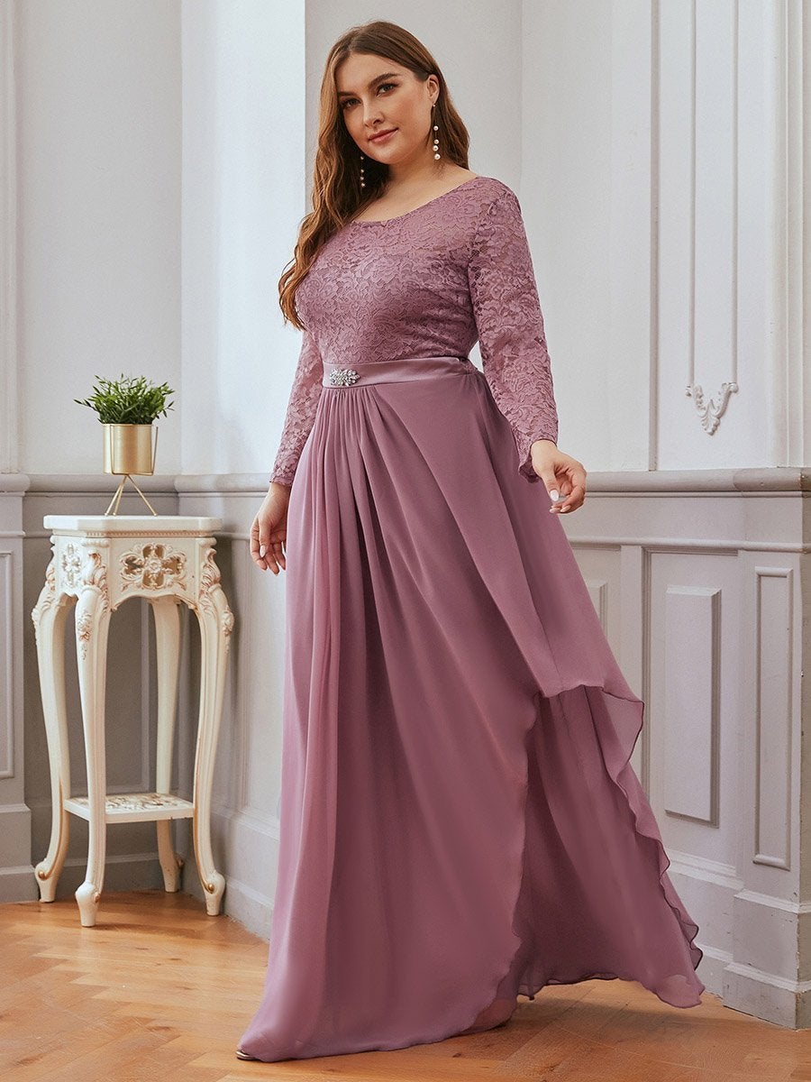 Color=Orchid | Classic Floal Lace Long Sleeve Wholesale Bridesmaid Dress-Orchid 8