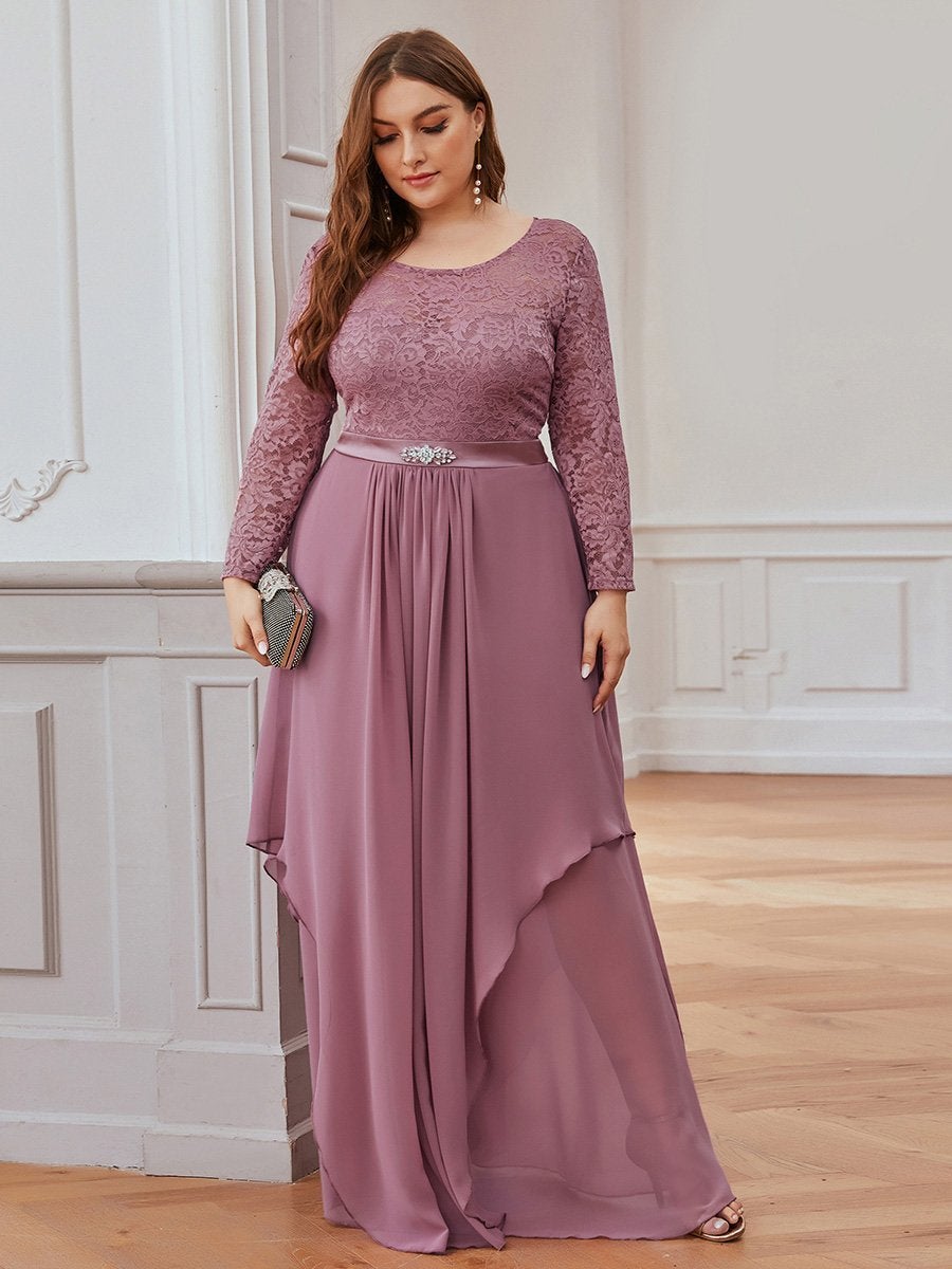 Color=Orchid | Classic Floal Lace Long Sleeve Wholesale Bridesmaid Dress-Orchid 9
