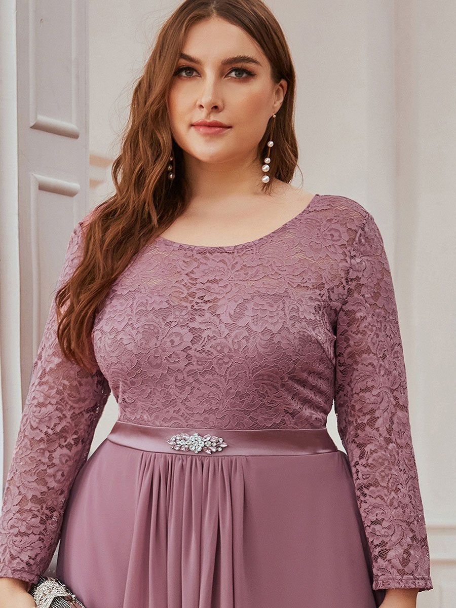Color=Orchid | Classic Floal Lace Long Sleeve Wholesale Bridesmaid Dress-Orchid 10
