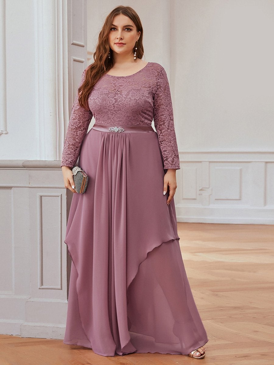 Color=Orchid | Classic Floal Lace Long Sleeve Wholesale Bridesmaid Dress-Orchid 6