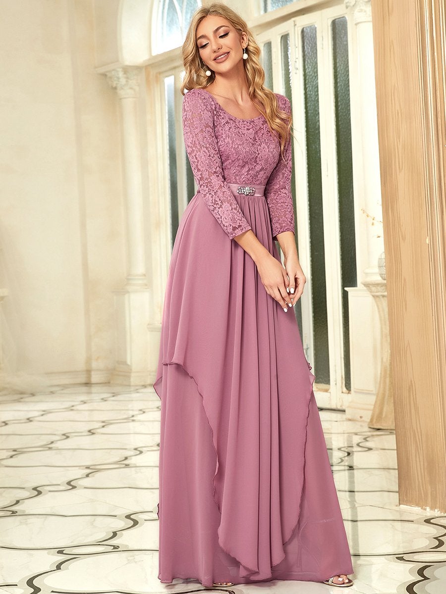 Color=Orchid | Classic Floal Lace Long Sleeve Wholesale Bridesmaid Dress-Orchid 3