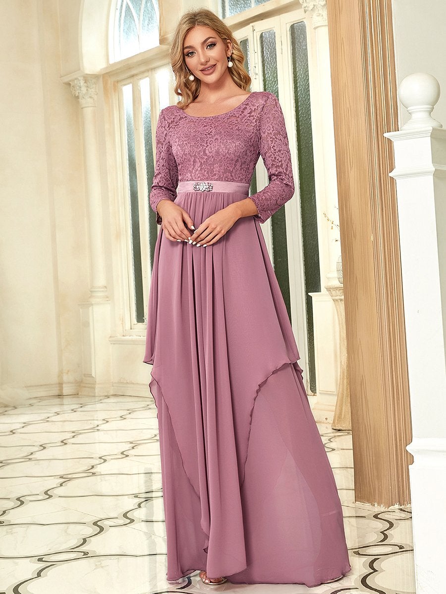 Color=Orchid | Classic Floal Lace Long Sleeve Wholesale Bridesmaid Dress-Orchid 4