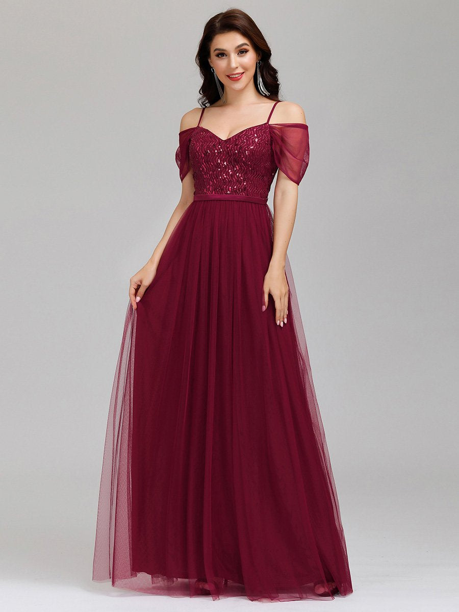 Color=Burgundy | A-Line Sweetheart Neckline Ruffle Sleeve Tulle Bridesmaid Dress With Sequin-Burgundy 6